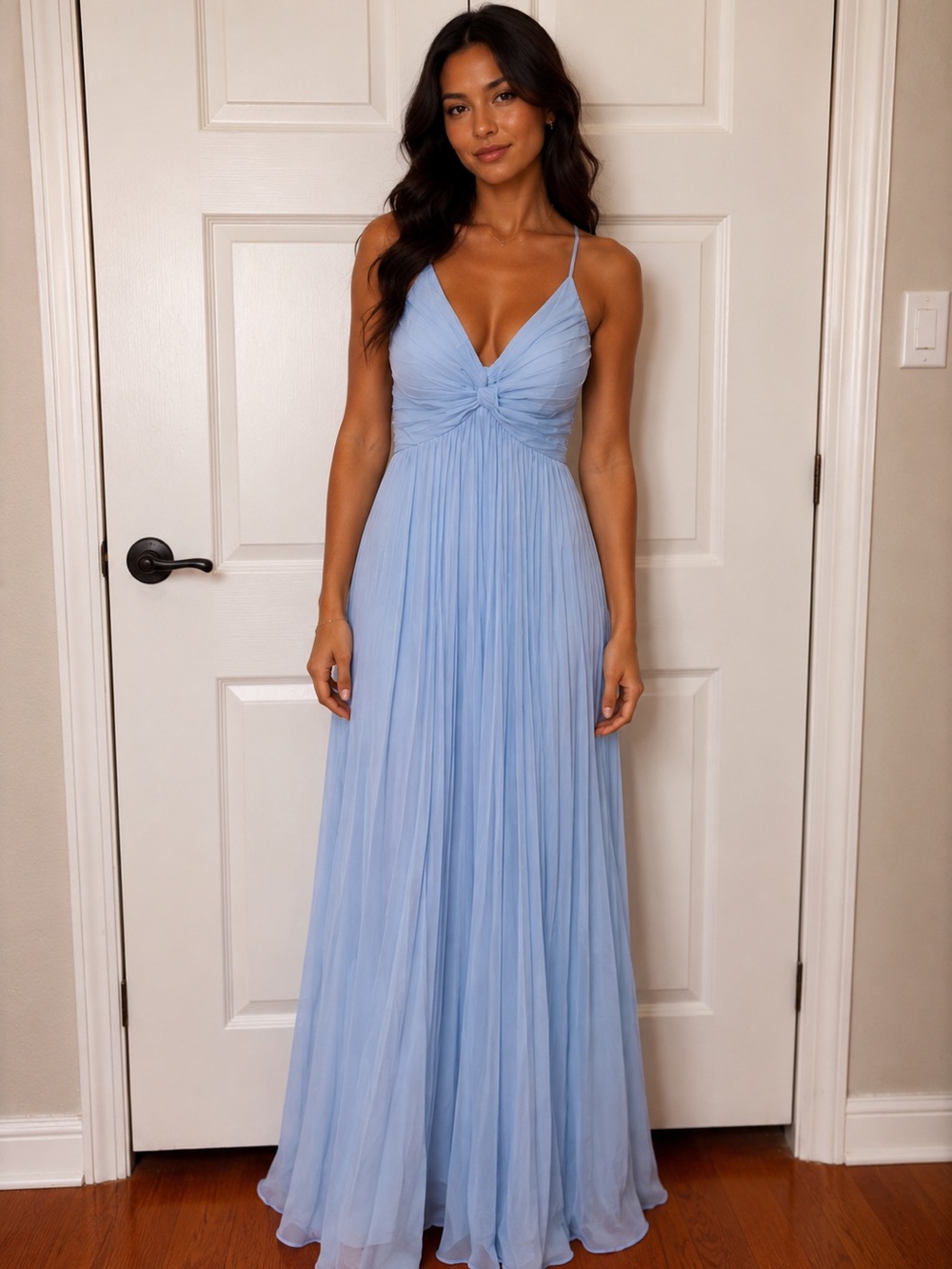 Light Blue Pleated Evening Maxi Dress